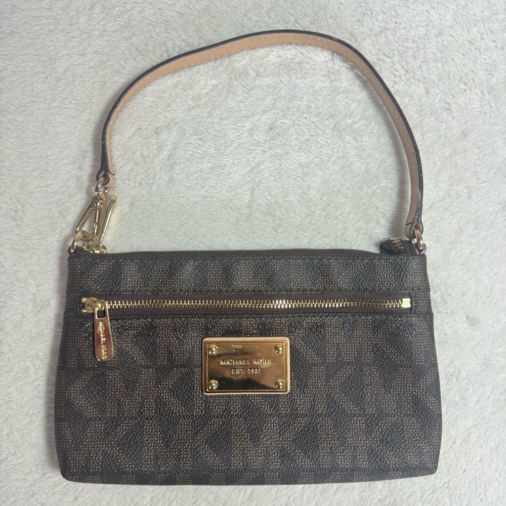 Michael Kors Mini Purse Clutch Wristlet in Brown Monogram Pattern